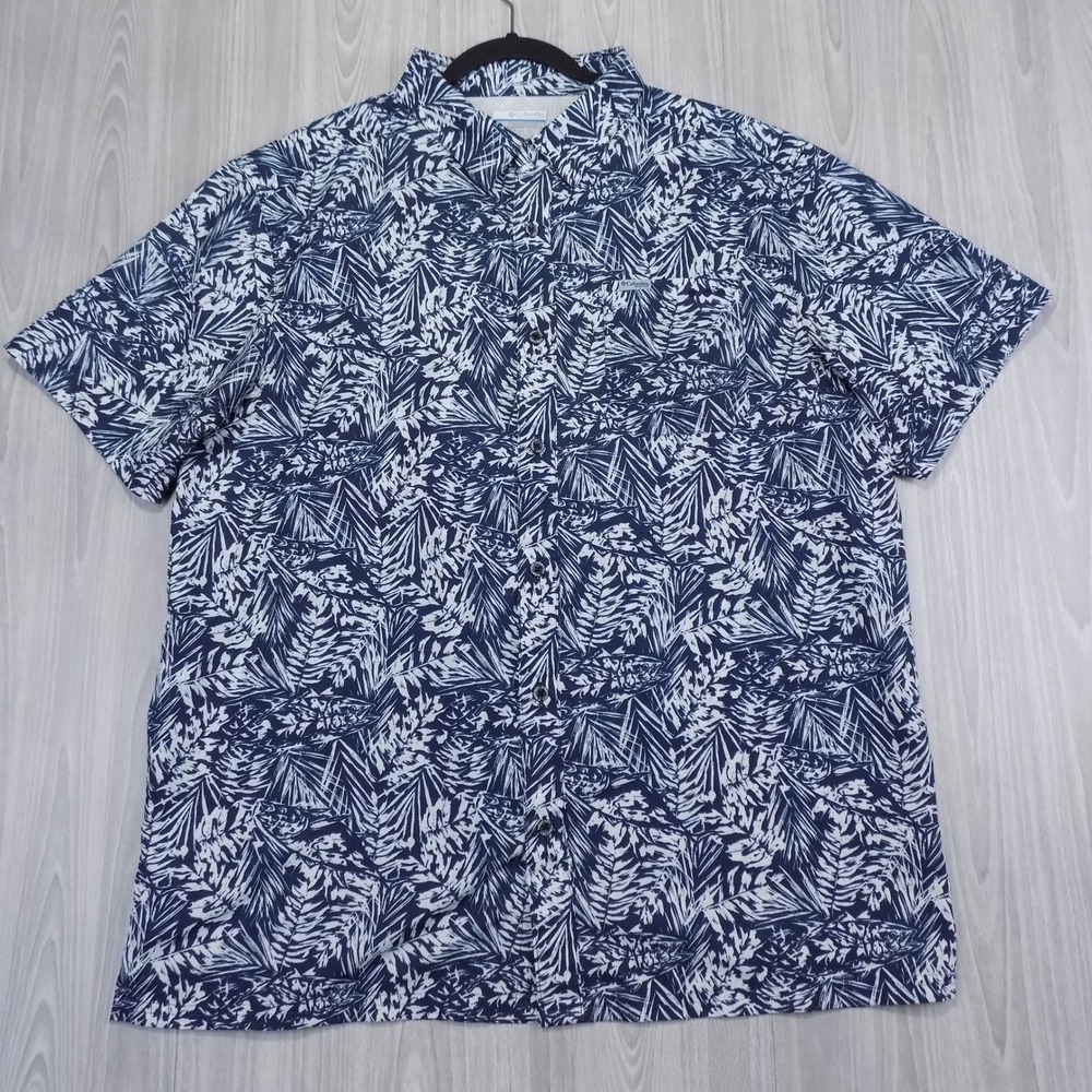 Columbia PFG Button-Down Shirt Mens L Navy White Tropical Fish Outdoors EUC